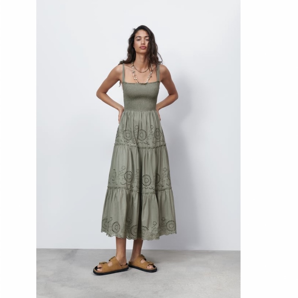 Zara open work embroidered midi khaki dress